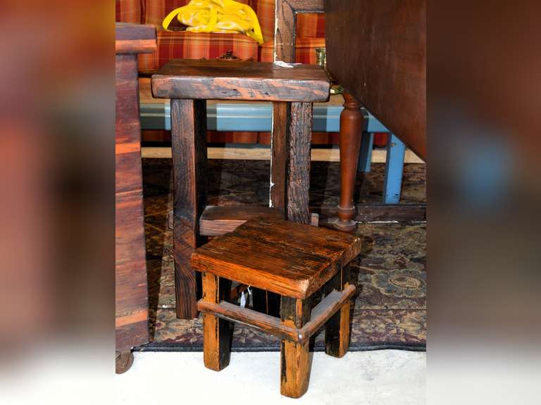TWO (2) PRIMITIVE WOODEN STOOLS - (1 ) WITH SHELF 12" X 14" & (1) FOOTSTOOL HEIGHT 9 3/4" SQUARE X 10"
