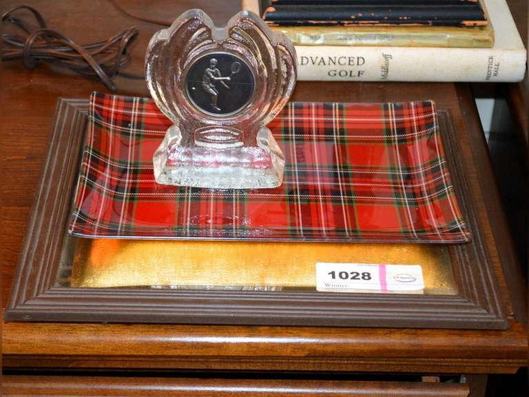 PLAID GLASS TRAY 10" X 6 `1/2" & 5" H GLASS TENNIS AWARD WITH PEWTER INSET & FRAMED MIRROR 9 1/2" X 11 3/4"