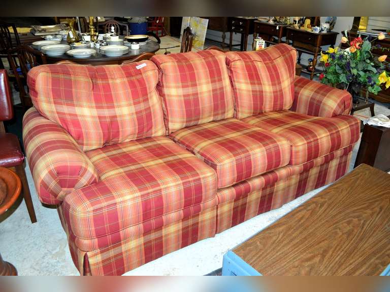 PLAID SLEEPER SOFA WITH THREE CUSHIONS 92" L X 39" D X 36" H
