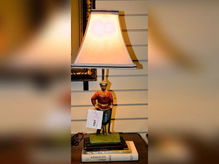 VINTAGE GOLFER LAMP WITH SMALL SHADE 22" H & 2 BOOKS (BEN HOGAN'S POWER GOLF & ADVANCED GOLF BY CARY MIDDLECOFF)