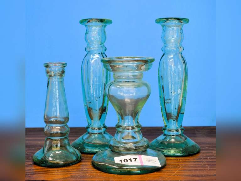 VINTAGE GREEN RECYCLED GLASS CANDLE HOLDERS, MADE IN SPAIN 9" H & VINTAGE GREEN GLASS CANDLE HOLDER MADE IN SPAING 6" H & VINTAGE RECYCLED GREEN GLASS CANDLE HOLDER OR VASE CURVY GLASS