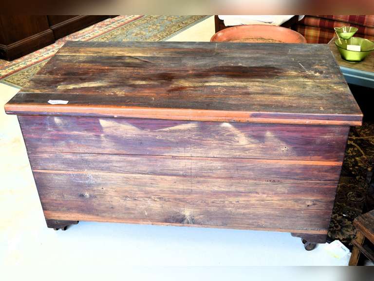 WOODEN STORAGE CHEST ON WHEELS WITH A LIFT TOP 26" X 48" X 26 3/4"