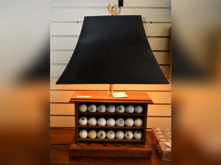GOLF BALL COLLECTION LAMP WITH BLACK SHADE 26" H WITH SHADE 8" D X 15" W