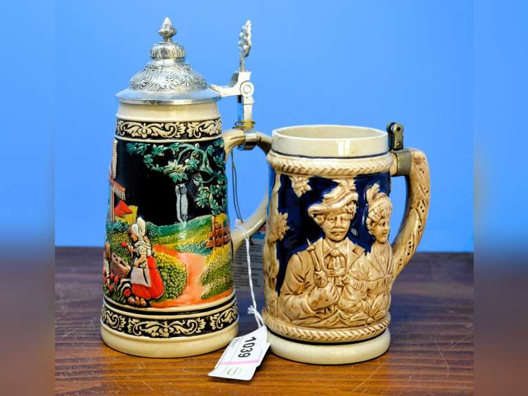 (2) COLORFUL GERMAN BEER STEINS - ONE WITH PEWTER LIFT TOP 9" H WITH TAG & ONE STEIN WITHOUT TOP