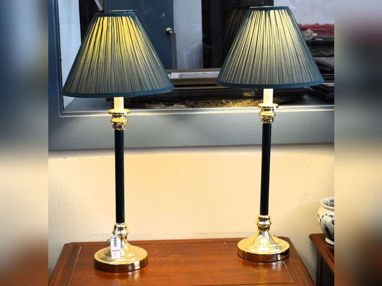 (2) GREEN CANDLESTICK LAMPS WITH GREEN SHADES 28 1/2" H