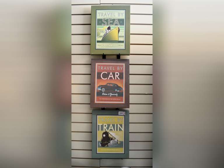 THREE TRAVEL THEMED CANVAS PRINTS 11" X 14" - 1 SEA GREEN TRAIN, 1 BROWN CAR; 1 OLIVE GREEN BOAT