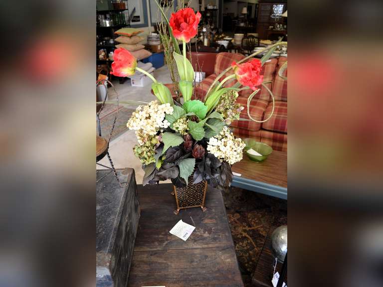 FLORAL ARRANGEMENT 38" H IN BLACK & GOLD PLANTER WITH LION HEAD PULLS ON SIDES PLUS LIONS FOOTED BASE 9 1/2" H X 6 1/2" D X 6" W