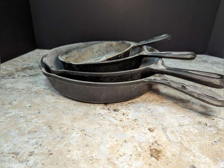 CAST IRON SKILLETS INCLUDING SK MADE IN USA 10IN AND BASIC ESSENTIALS