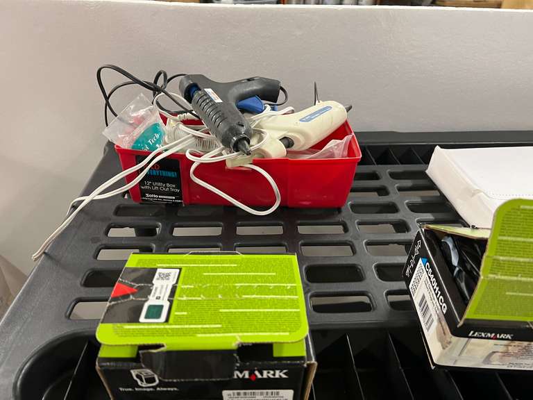 K… BLACK PLASTIC STACKABLE SHELF WITH CONTENT, SEE PICTURES FOR DETAILS