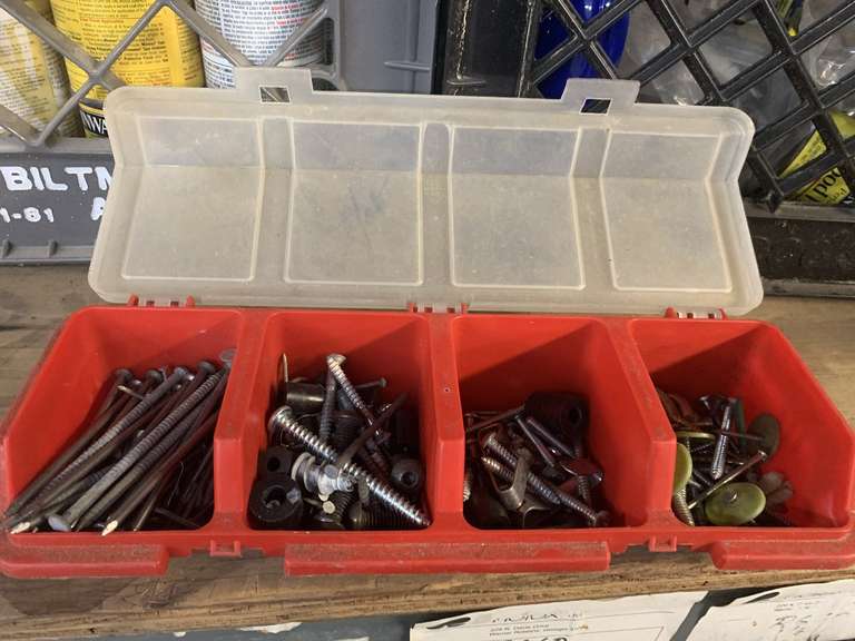 2 MILK CRATES WITH CONTENTS TO INCLUDE SPRAY PAINT, NUTS/SCREWS/BOLTS