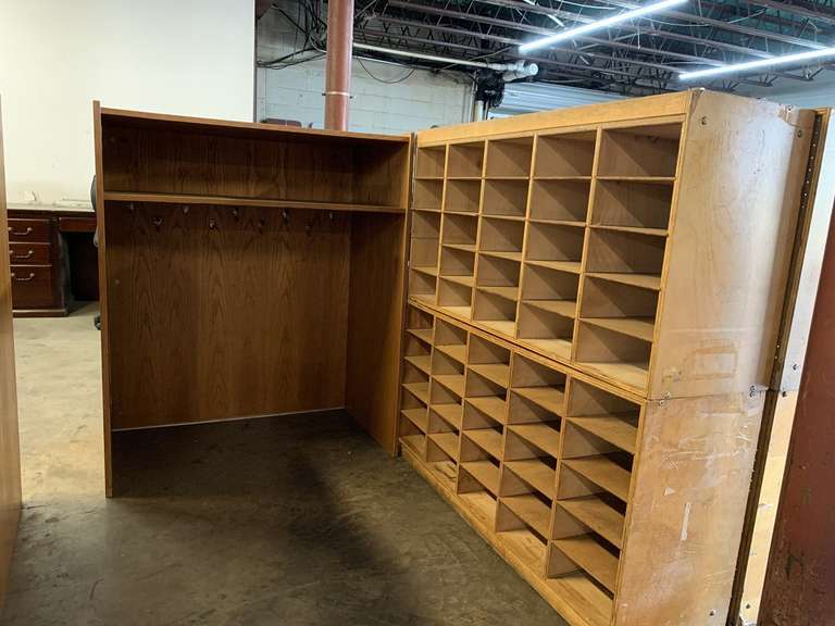 WOOD COAT RACK/STORAGE 40" WIDE X 23 1/2" DEEP X 48" TALL & 2 WOOD ROLLING ORGANIZERS 48" LONG X 24" TALL X 14" DEEP (EACH) (MUST TAKE ALL)