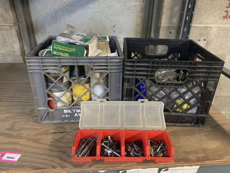 2 MILK CRATES WITH CONTENTS TO INCLUDE SPRAY PAINT, NUTS/SCREWS/BOLTS