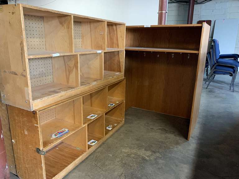 2 WOOD PEG BOARD BACK STORAGE (1 ROLLING, 1 NOT) BOOKSHELVES 48" LONG X 24" TALL X 14 1/2" DEEP EACH & WOOD COAT RACK/STORAGE 40" WIDE X 23 1/2" DEEP X 48" TALL (MUST TAKE ALL)