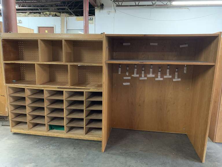 WOOD COAT RACK/STORAGE 40" WIDE X 23 1/2" DEEP X 48" TALL & 2 WOOD ROLLING ORGANIZER/BOOKSHELF 48" LONG X 24" TALL X 14" DEEP (EACH) (MUST TAKE ALL)