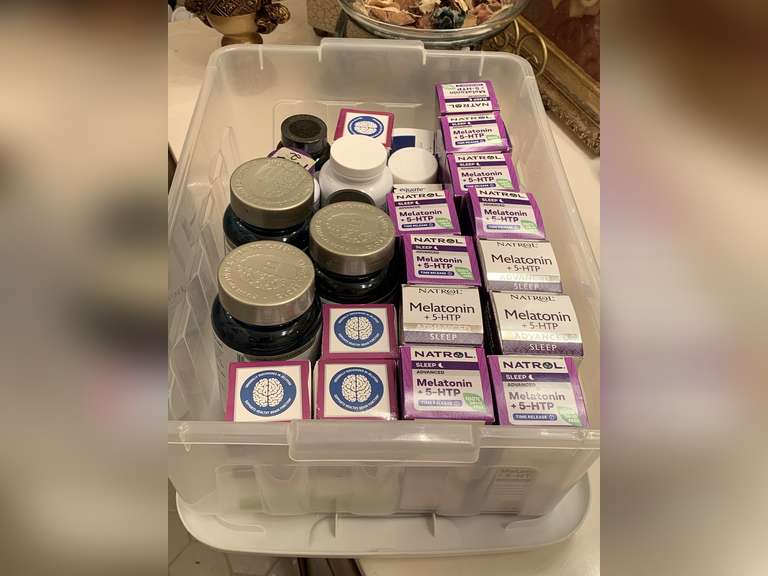 CRATE FULL OF NEW MELATONIN, NEURIVA, PREVAGEN & MORE (CRATE W/ LID INCLUDED) - UP HALL BATH CLOSET image