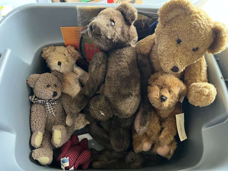 Tub of assorted teddy bears, also includes a vintage Christmas album, this piece is still sealed in plastic, and more. See pictures for details. image