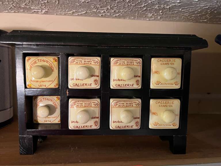 KIT… Vintage style apothecary/spice cabinet with eight porcelain drawers, see pictures for details. image