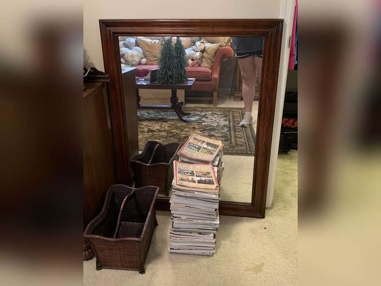 WOOD/RATTAN MAGAZINE RACK, STACK OF HOME DECOR MAGAZINES & LARGE WOOD FRAMED MIRROR 33" WIDE X 41" TALL - UP BED 1 image