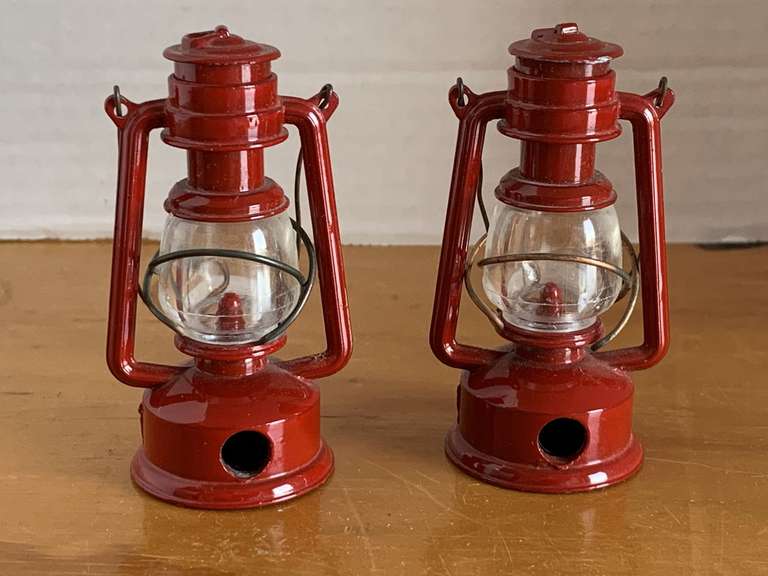 2 VINTAGE RED METAL MINIATURE LANTERN PENCIL SHARPENERS - CHECKOUT image