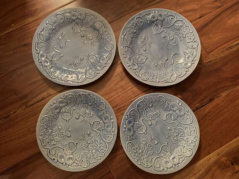 2 EMBOSSED BLUE DINNER PLATES & 2 EMBOSSED BLUE LUNCHEON PLATES BY BORDALLO PINHEIRO PORTUGAL FLOWERS - LIVING ROOM image
