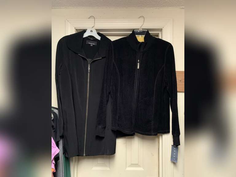2 LADIES JACKETS - SIZE MEDIUM (KORET ZIP UP VELOUR NEW W/ TAG, JONES NEW YORK 3/4 JACKET) - UP MASTER BED image