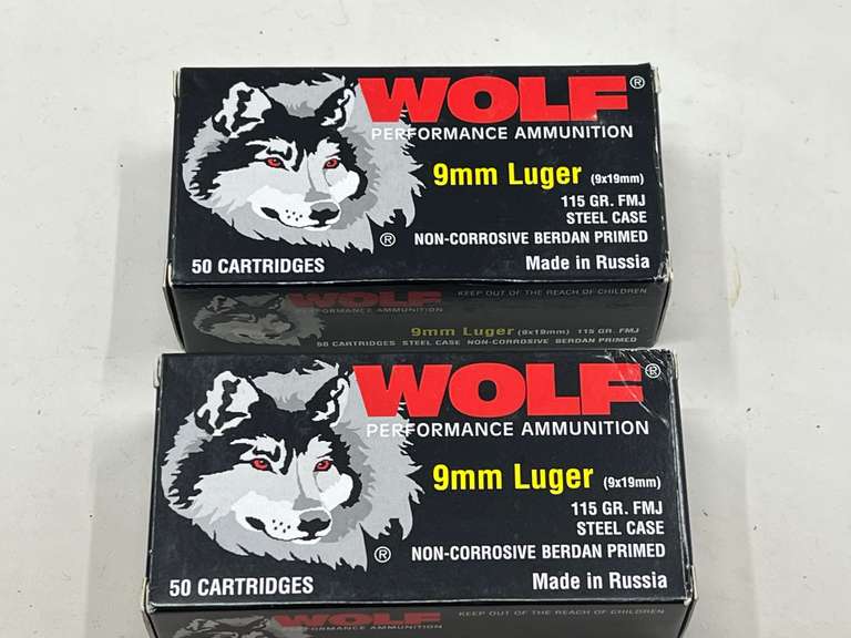 DEN… Wolf 9 mm Luger, 115 grain ammunition. Two boxes, tub is not included, see pictures for details. image
