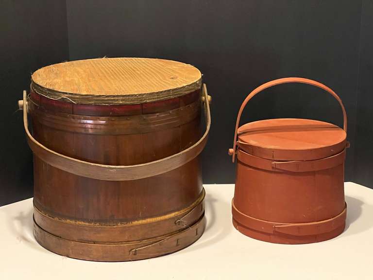 KIT…Vintage/antique large and small wooden firkin buckets, the large one has a homemade replacement lid, see pictures for details. image