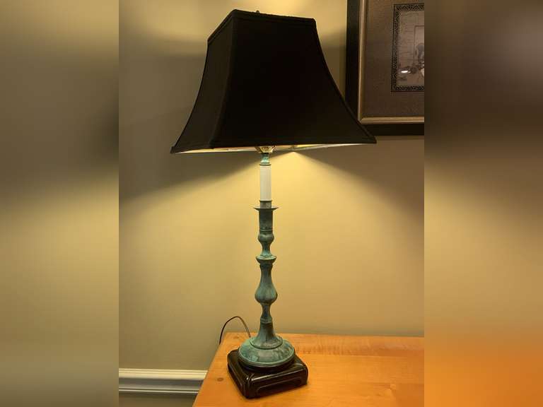 METAL VERDE CANDLESTICK LAMP ON BLACK BASE WITH NICE BLACK SHADE 28" TALL image