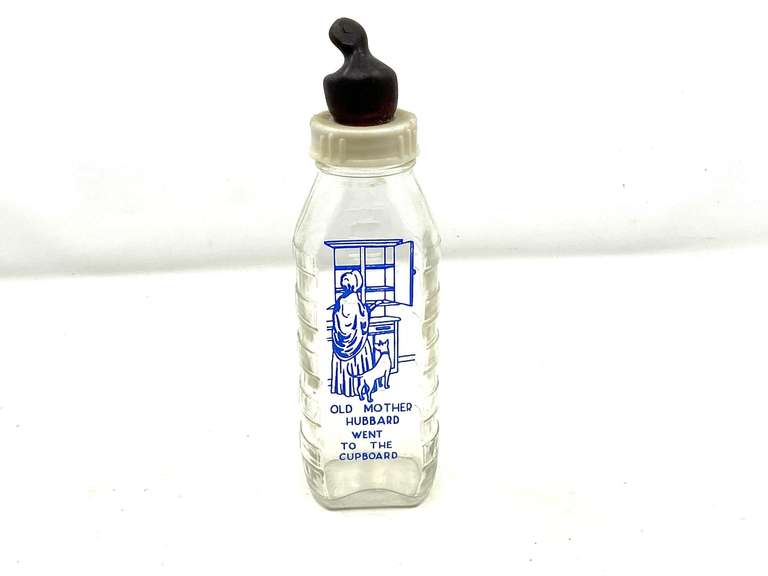 LR… Vintage glass Old Mother Hubbard baby bottle with nipple, see pictures for details. image