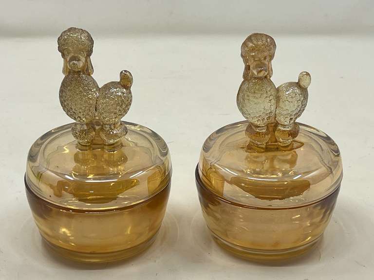 DEN…Vintage powder jars, two pieces, believed to be vintage Jeanette Marigold carnival glass, see pictures for details. image