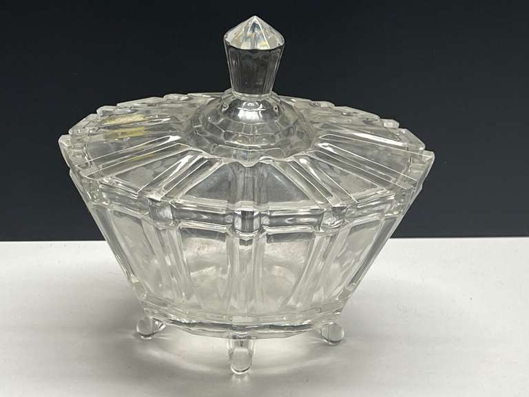 DEN… Beautiful crystal footed covered candy dish with etched floral motif, see pictures for details. image