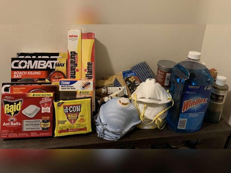 SHELF LOT OF ANT BAITS, LONG MATCHES, VENTILATION MASKS & MORE - LAUNDRY image