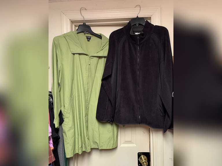 2 LADIES SIZE 1XL JACKETS - VERSION ZIP FRONT FLEECE JACKET & EILEEN FISHER ZIP FRONT 3/4 RAIN JACKET - UP MASTER BED image