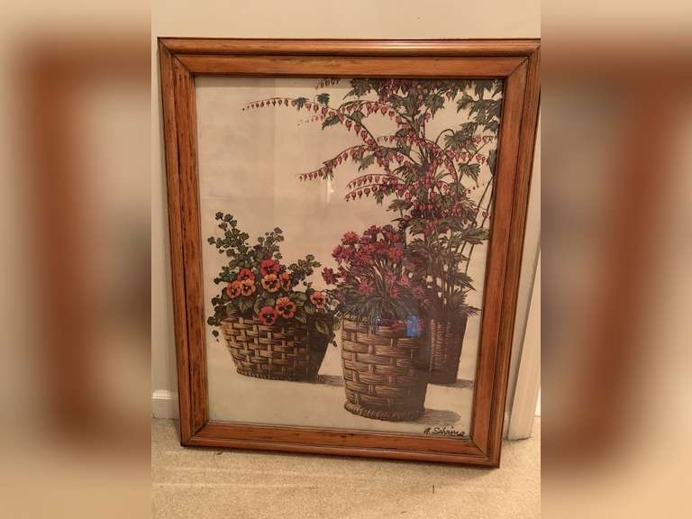 A. SEHRING ART PRINT "PANSIES IN WICKER" IN HEAVY SOLID OAK FRAME 29 1/4" X 35 1/2" - UP HALLWAY image