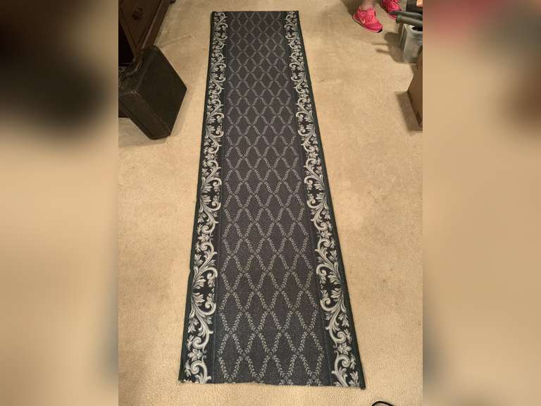 CARPET RUNNER 26" WIDE X 82" LONG (HAS BEEN CUT ON BOTH ENDS) SHADES OF BLUE/GREY - UP MASTER BED image