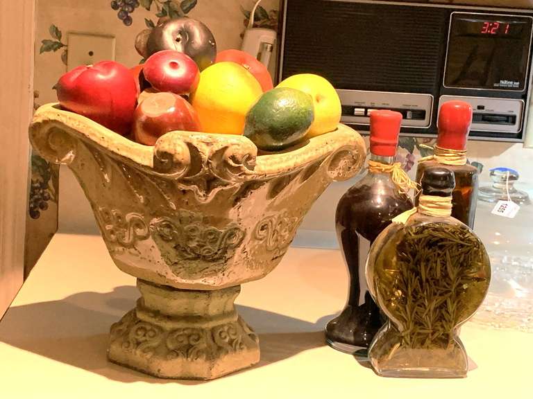 LARGE POTTERY VASE FULL OF FAUX FRUIT 13" WIDE X 9 3/4" TALL & 3 DECORATIVE BOTTLES - KITCHEN image
