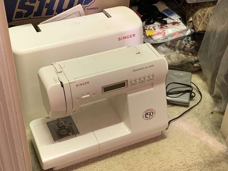 SEWING LOT TO INCLUDE SINGER 3400 PORTABLE SEWING MACHINE (DOES BUTTONHOLES, HEM STITCHING, ZIG ZAG & MORE W/ INSTRUCTION BOOK, UPHOLSTERY FABRIC, MATERIAL & ASSORTED SEWING SUPPLIES - UP BED 2 CLOSET image