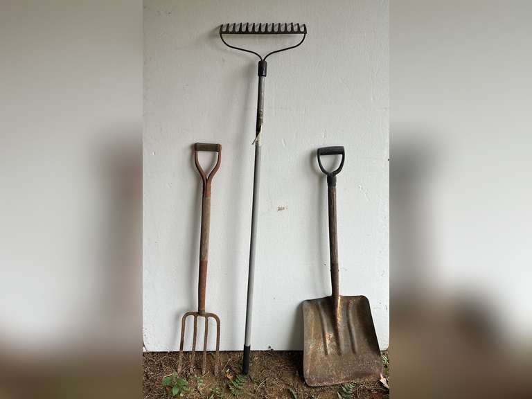 Snow shovel, pitchfork and yard rake image
