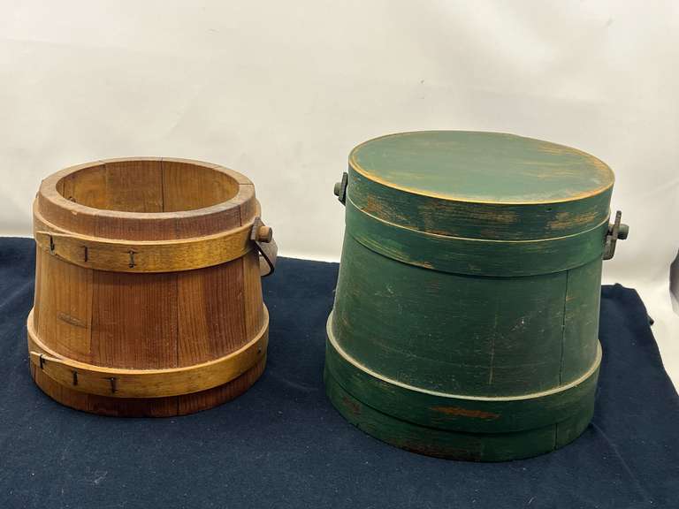DEN… Vintage firkin/pantry buckets, one has no lid, two pieces total, see pictures for details. image
