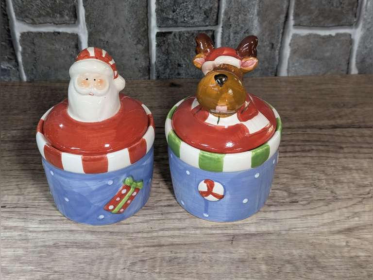PAIR OF ROYAL NORFOLK GLAZED CERAMIC CHRISTMAS THEME LIDDED JARS image
