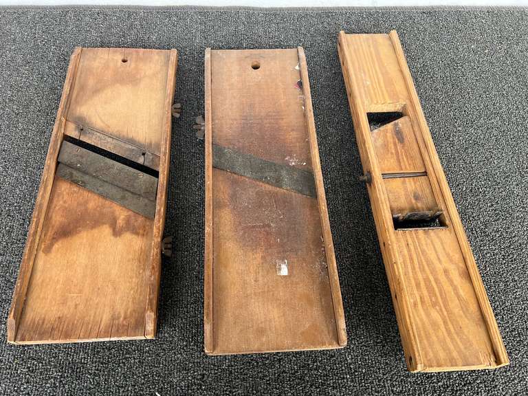 Vintage wooden mandolin slicers, set of three, please inspect, not sure if all parts are there, see pictures for details. image