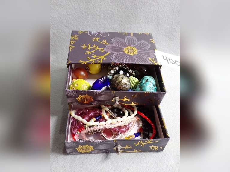 Assorted Costume Jewelry Collection with Decorative Storage Box image