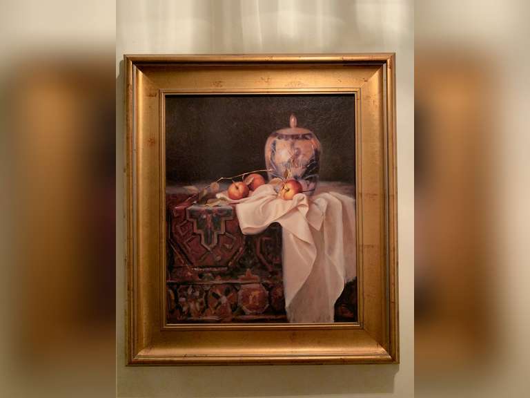 JORDAN MCCREEDY "STILL LIFE WITH IMARI VASE" 29" X 32" MUSEUM QUALITY FRAMED ART PRINT - UP HALLWAY image