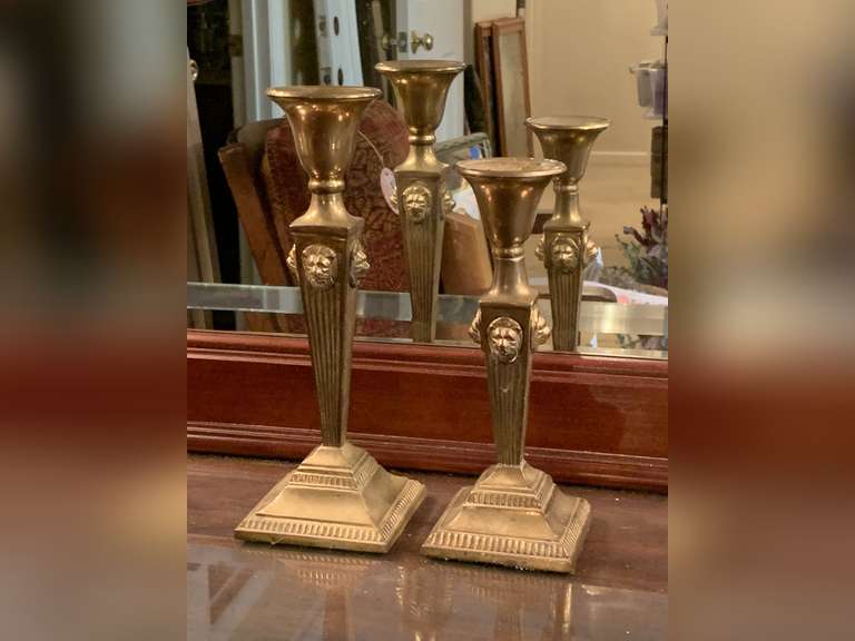 PAIR VINTAGE SOLID BRASS EMPIRE FRENCH LION HEAD COLUMN CANDLESTICKS 10 1/4" TALL, 8 4/3" TALL - UP MASTER BED image