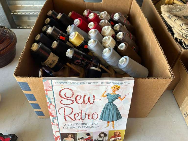 Large assortment of serger thread with rack, and more. See pictures for details. image