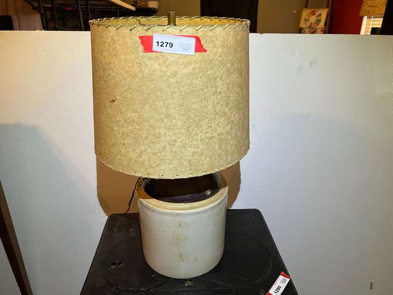 DEN…Antique/vintage two toned Western Stoneware whiskey jug lamp, see pictures for details. image