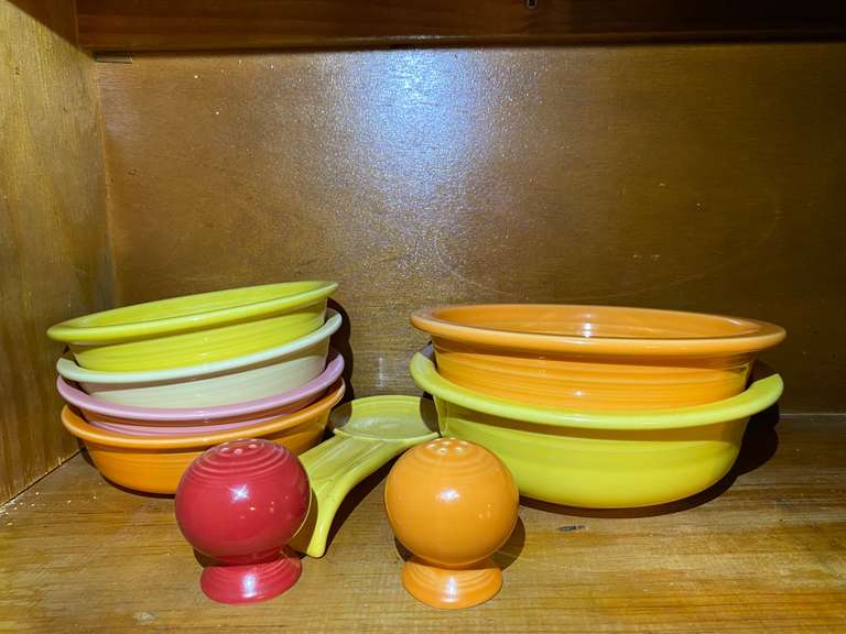 KIT… Fiestaware bowls, serving bowls, spoon rest, and salt and pepper shakers. See pictures for details. image