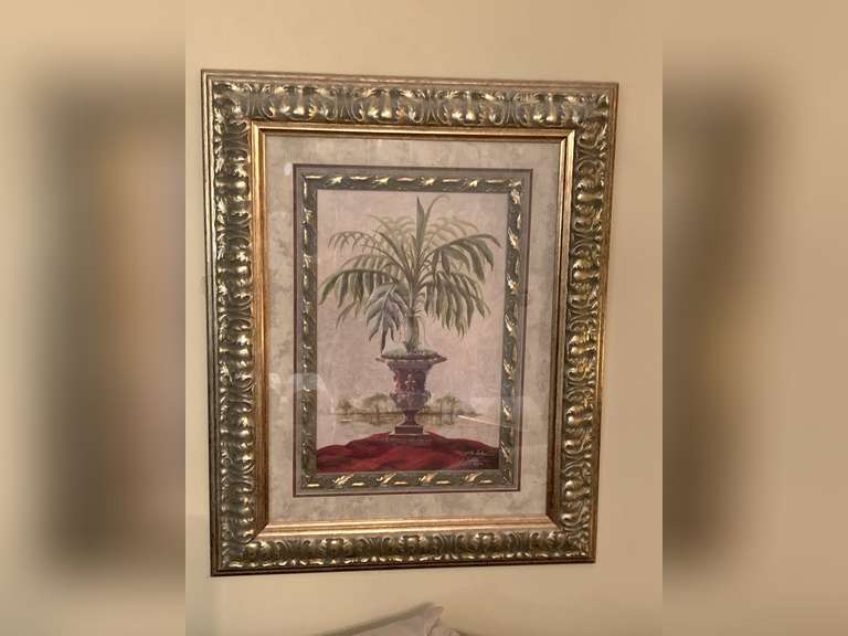 1999 POTTED PALM TREE ART PICTURE IN LARGE ORNATE FRAME BY B. SIKES 25" X 31" - UP MASTER BED image