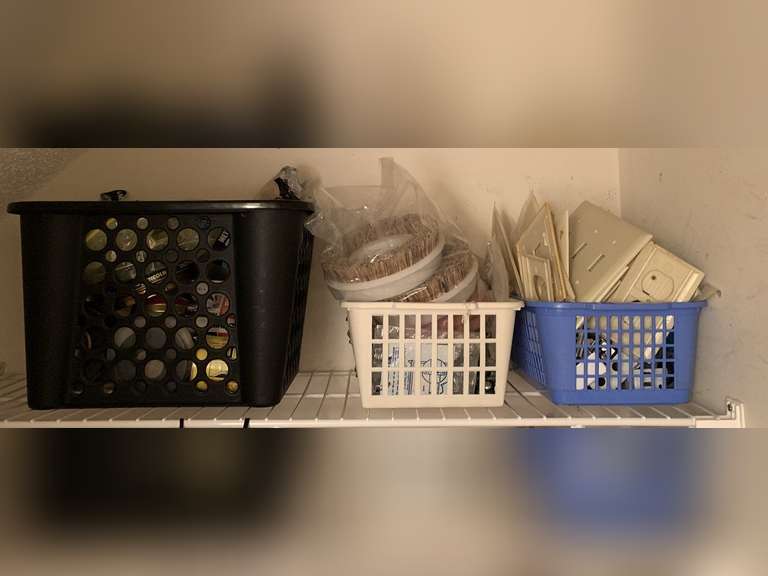 SHELF LOT TO INCLUDE 3 CONTAINERS OF ELECTRICAL SUPPLIES, CLAMPS, STEEL WOOL & TAPE - FOYER image