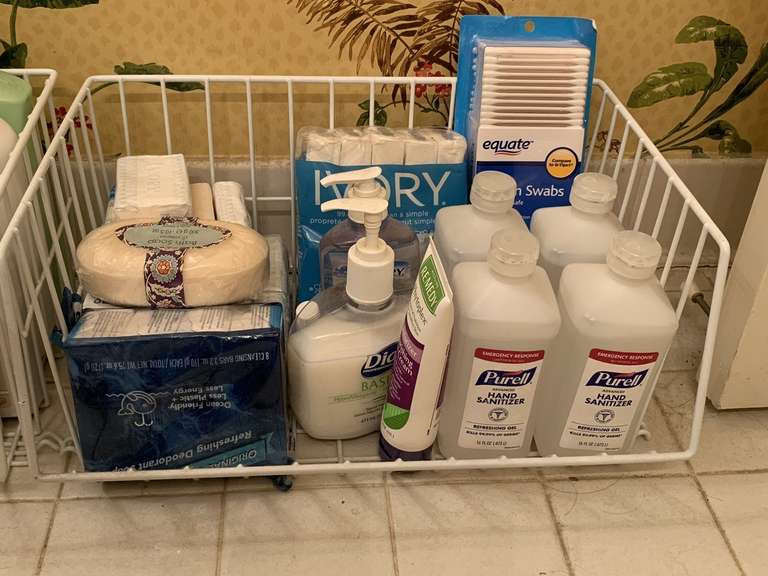WIRE BASKET FULL OF BATH SOAP, HAND SANITIZER & MORE (BASKET INCLUDED) - UP MASTER BATH image